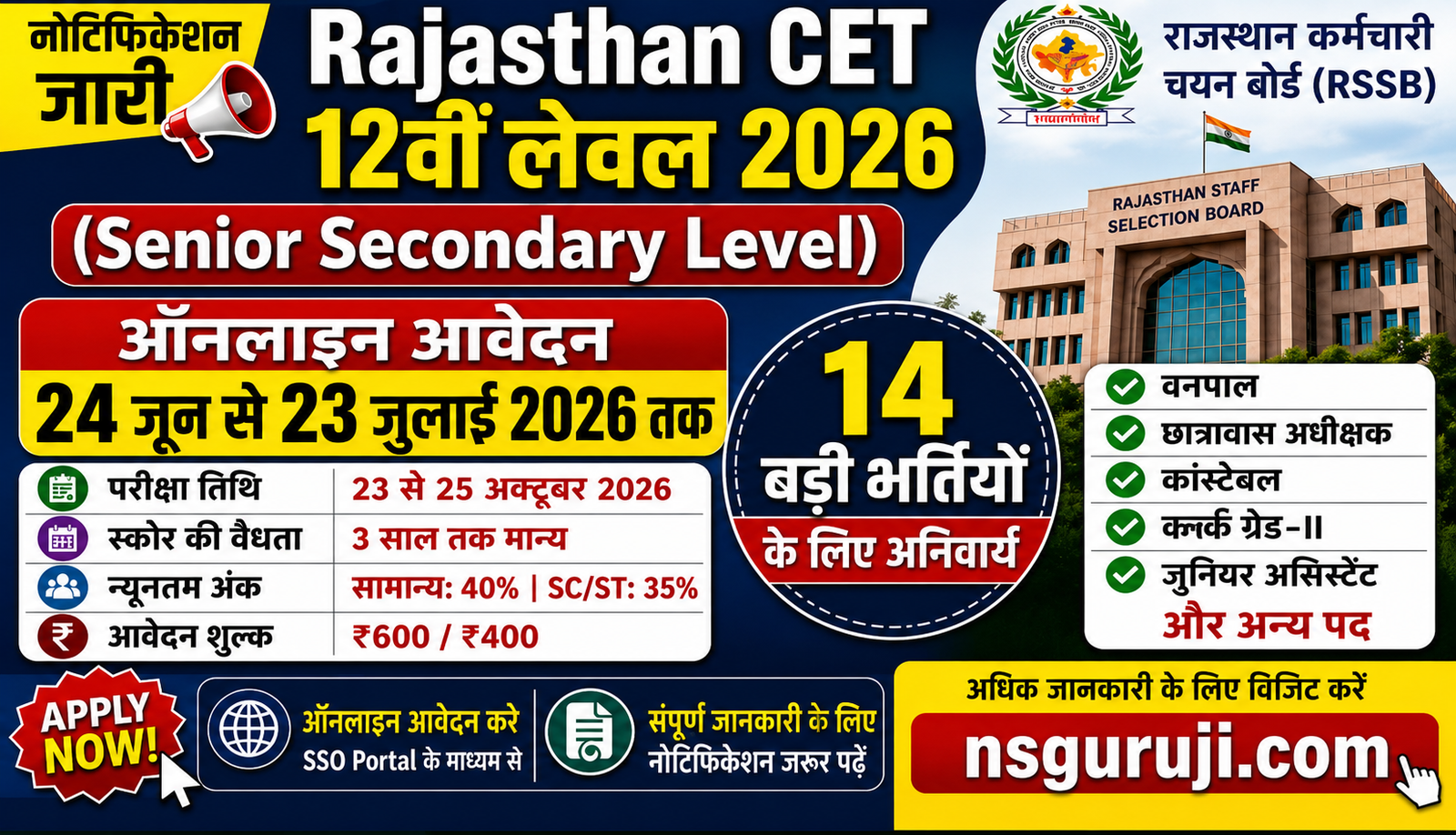 Rajasthan CET Senior Secondary Level 2026 Notification