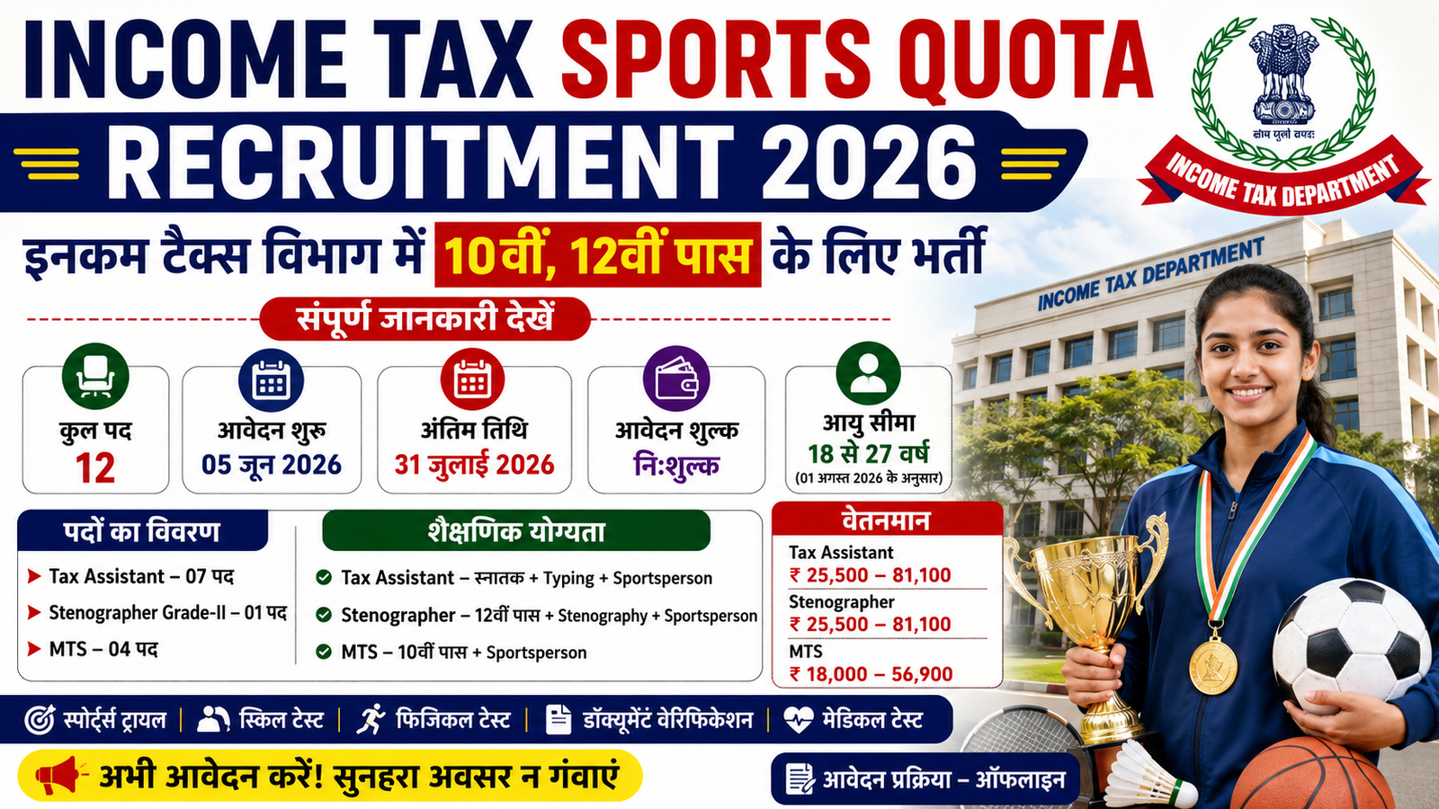 Income Tax Sports Quota Recruitment 2026