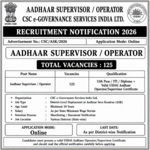 Aadhaar Supervisor Recruitment 2026