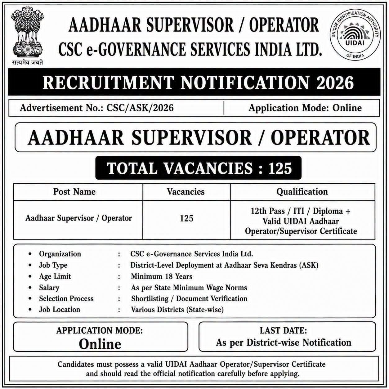 Aadhaar Supervisor Recruitment 2026